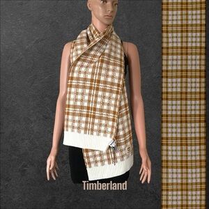Timberland Plaid Scarf‎ Tan Cream Knit Fall Academia Western Unisex Warm Holiday